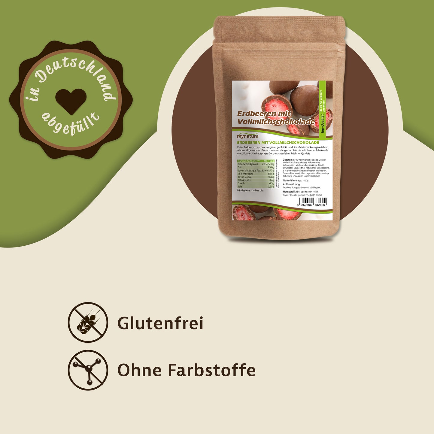 Beutel mynatura Erdbeeren, gefriergetrocknet, in Vollmilchschokolade auf grafischem Hintergrund mit Symbolen für glutenfrei und ohne Farbstoffe.