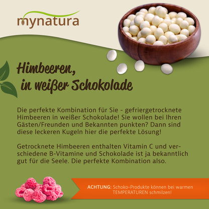 Gefriergetrocknete Himbeeren in weißer Schokolade in einer Holzschale, daneben Text zur Kombination aus Früchten und Schokolade, unten Himbeeren als Superfood abgebildet.