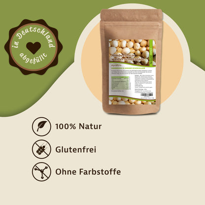 Beutel gefriergetrocknete Himbeeren in weißer Schokolade auf hellem Hintergrund, daneben Symbole für 100% Natur, glutenfrei und ohne Farbstoffe, Hinweis auf Backen und Snacks.