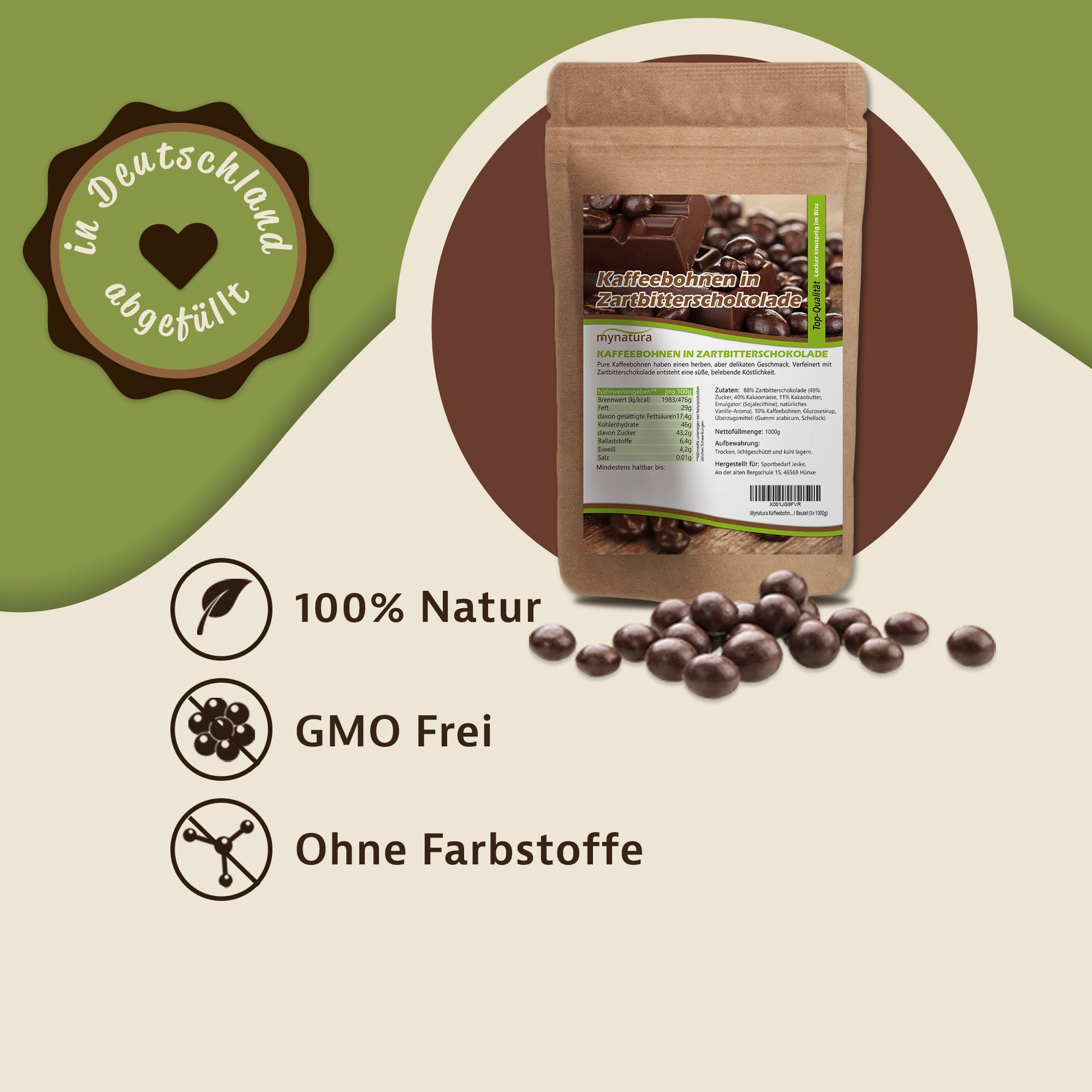 Beutel Kaffeebohnen in Zartbitterschokolade auf hellem Hintergrund, daneben einige schokosnacks, Symbole für 100% Natur, GMO frei und ohne Farbstoffe.