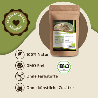 Beutel mit mynatura Bio Weizenkeime gemahlen Spermidin 250g, Produktetikett sichtbar, daneben Bio-Siegel und Icons für natürliche Eigenschaften.