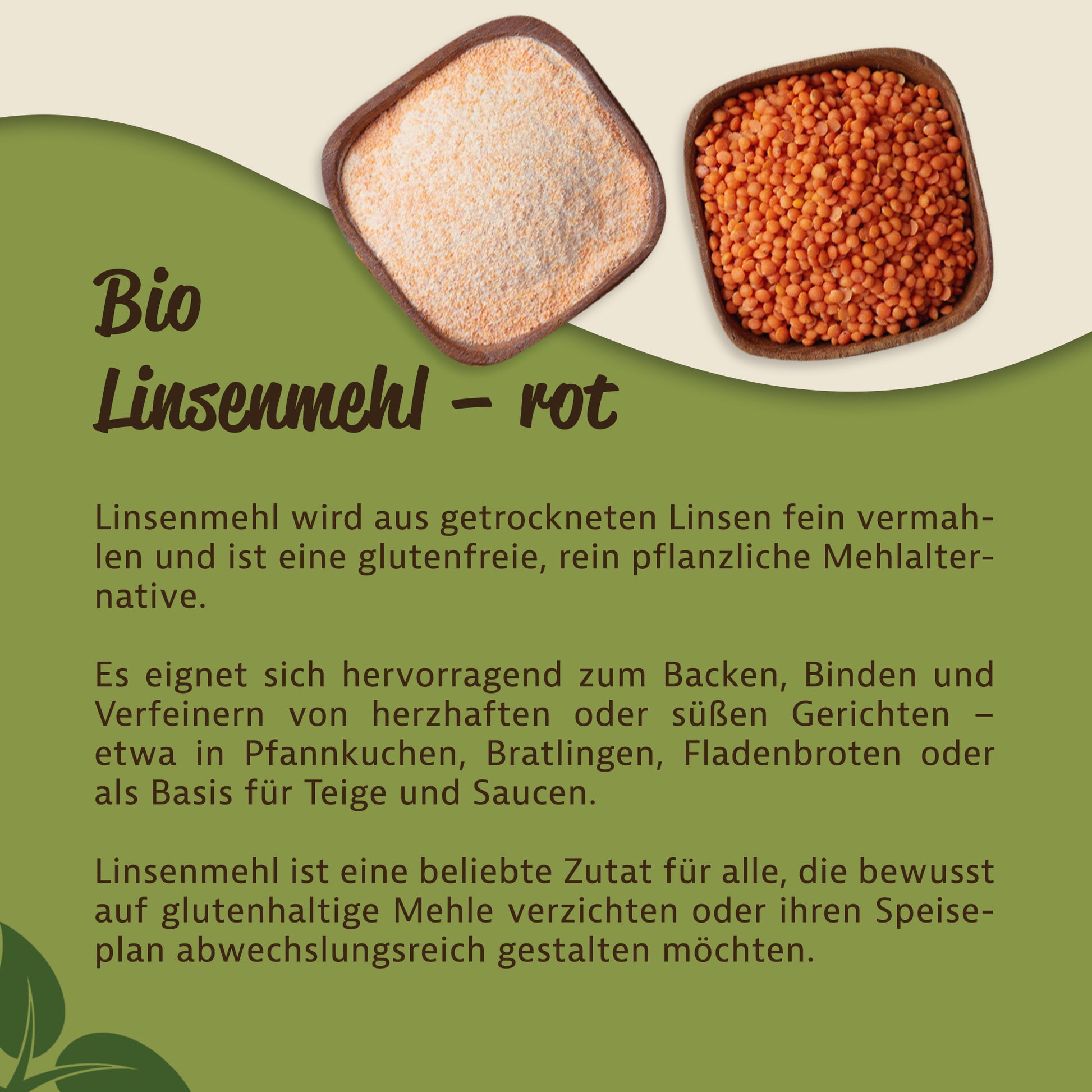 Zwei Schalen mit rotem Linsenmehl und roten Linsen nebeneinander, Darstellung der pflanzlichen Mehlalternative für glutenfreies Backen und Kochen.