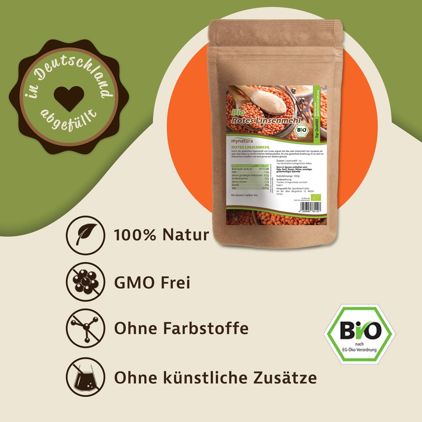 Beutel mit rotem Linsenmehl von mynatura, Produktfoto mit Etikett und roten Linsen im Hintergrund, Hinweise auf glutenfreies, veganes Mehl zum Backen und Kochen.
