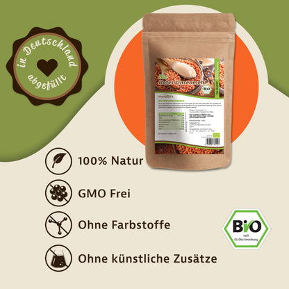 Beutel mit rotem Linsenmehl von mynatura, Produktfoto mit Etikett und roten Linsen im Hintergrund, Hinweise auf glutenfreies, veganes Mehl zum Backen und Kochen.