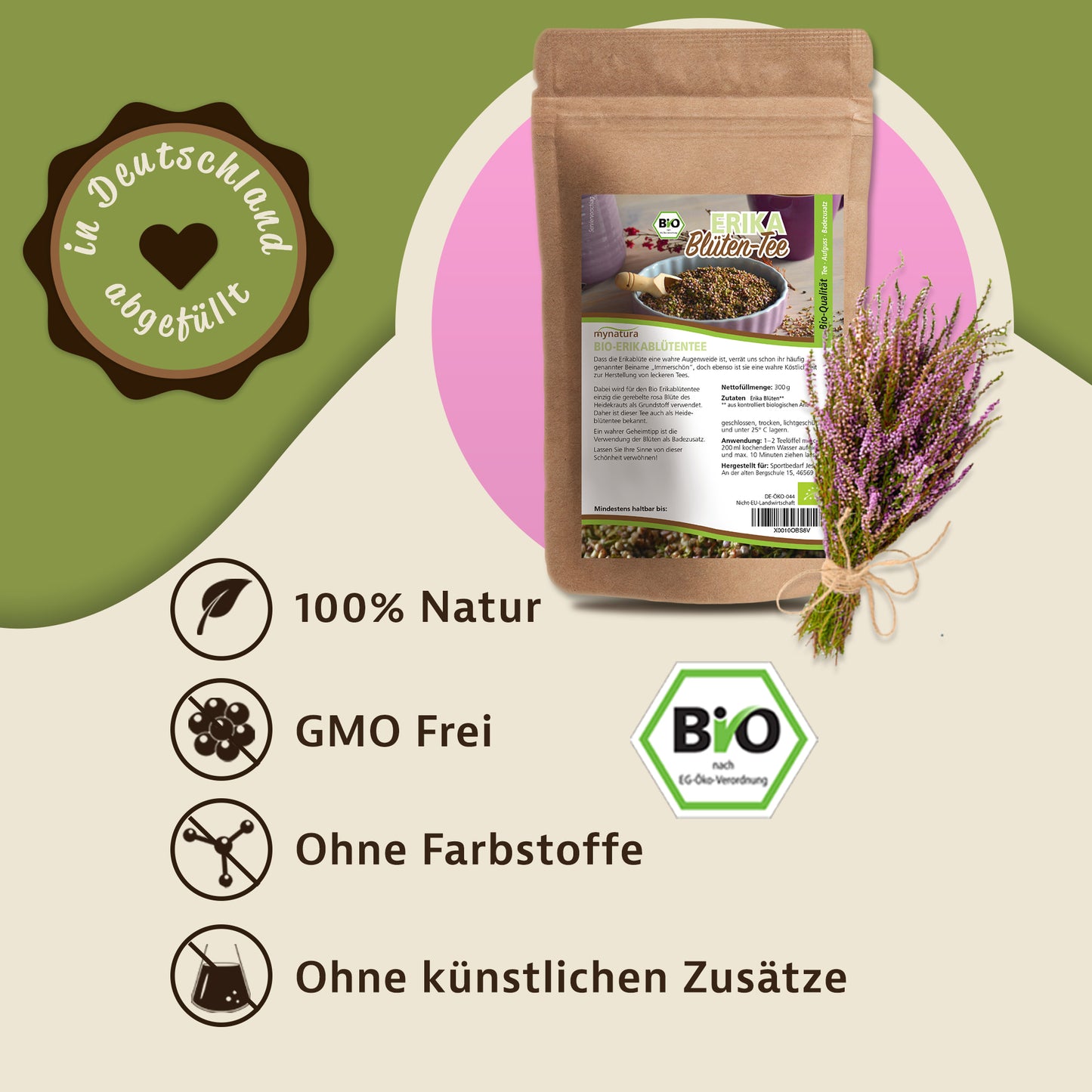 Werbegrafik mit Beutel Bio Erikablütentee 300g, Erikablütenstrauß und Symbolen für natürliche und zusatzfreie Kräuter.