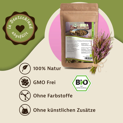 Werbegrafik mit Beutel Bio Erikablütentee 300g, Erikablütenstrauß und Symbolen für natürliche und zusatzfreie Kräuter.