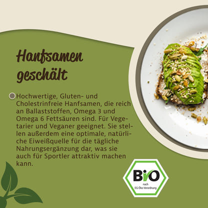 Teller mit Avocado-Brot, bestreut mit hanfsamen, rechts im Bild, daneben Text zu geschälten Hanfsamen auf grünem Hintergrund.