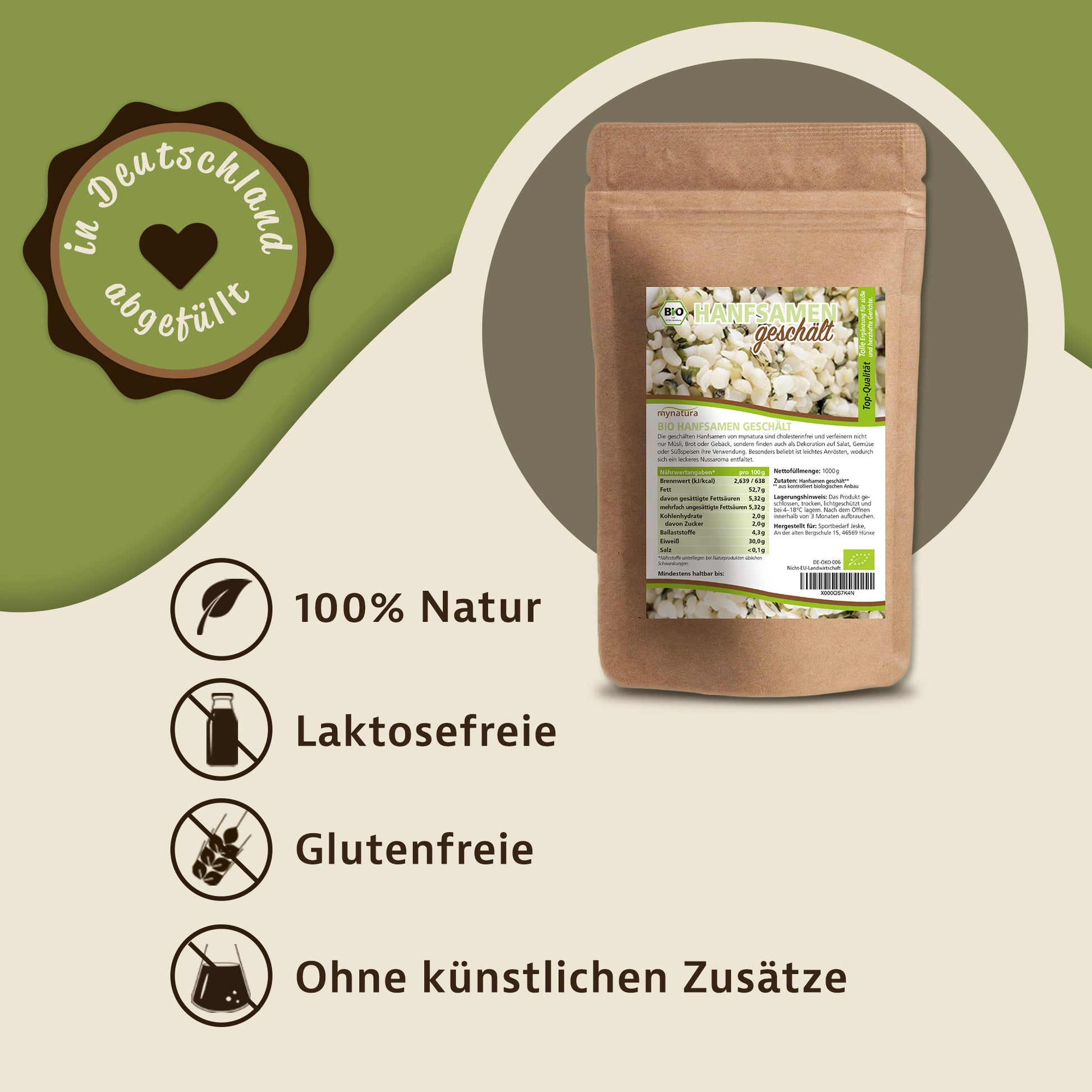 Beutel Bio Hanfsamen geschält von mynatura auf grün-beigem Hintergrund, daneben Symbole für natürliche und glutenfreie samen.
