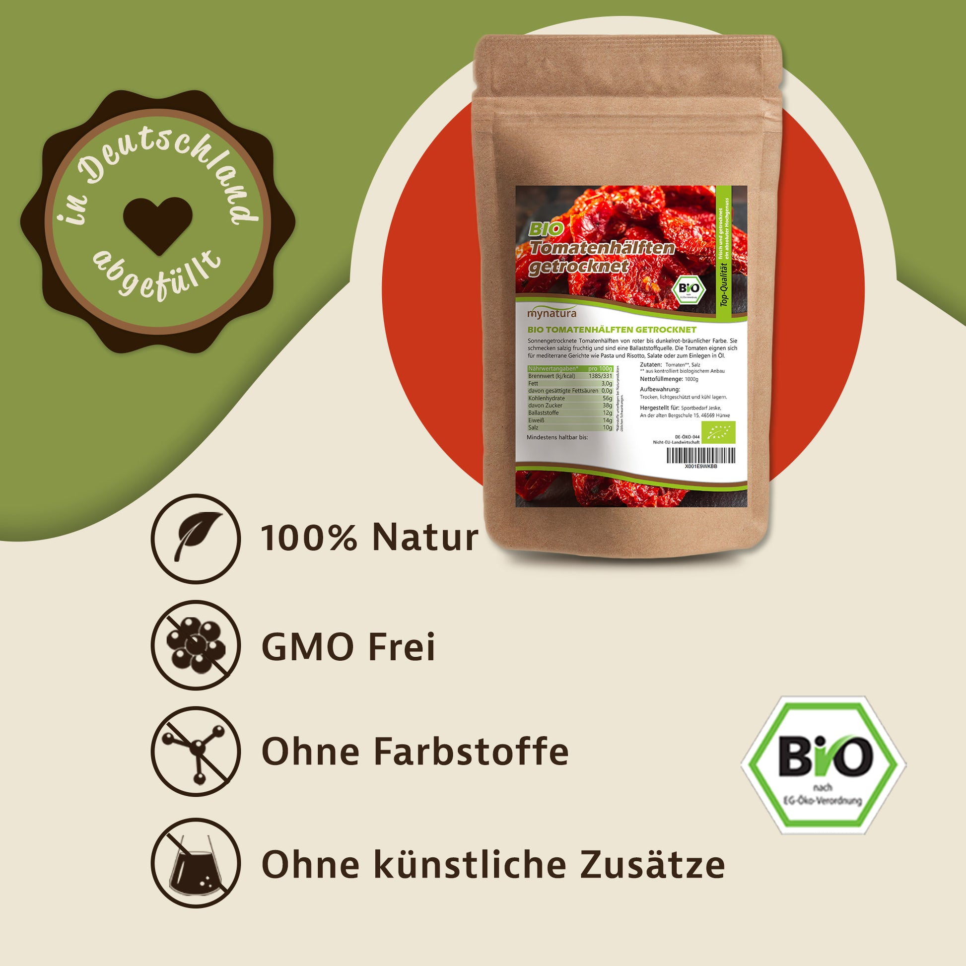 Beutel mynatura Bio Tomatenhälften getrocknet vor grün-beigem Hintergrund mit Icons und Text zu vegan, ohne Farbstoffe und künstliche Zusätze.