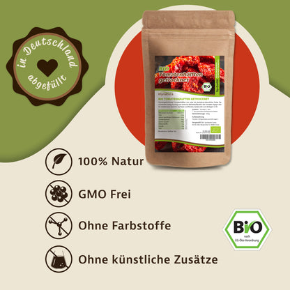 Beutel mynatura Bio Tomatenhälften getrocknet vor grün-beigem Hintergrund mit Icons und Text zu vegan, ohne Farbstoffe und künstliche Zusätze.