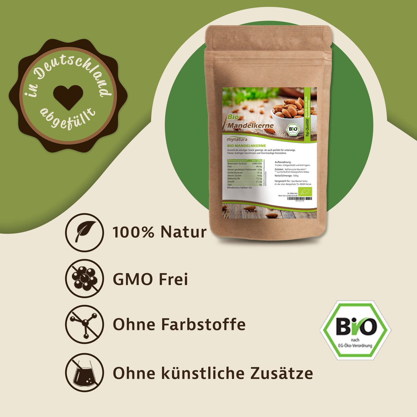 Bio Mandeln unbehandelt von mynatura im Beutel, daneben Symbole für natürliche nüsse und Hinweise zu Inhaltsstoffen