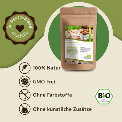 Bio Mandeln unbehandelt von mynatura im Beutel, daneben Symbole für natürliche nüsse und Hinweise zu Inhaltsstoffen