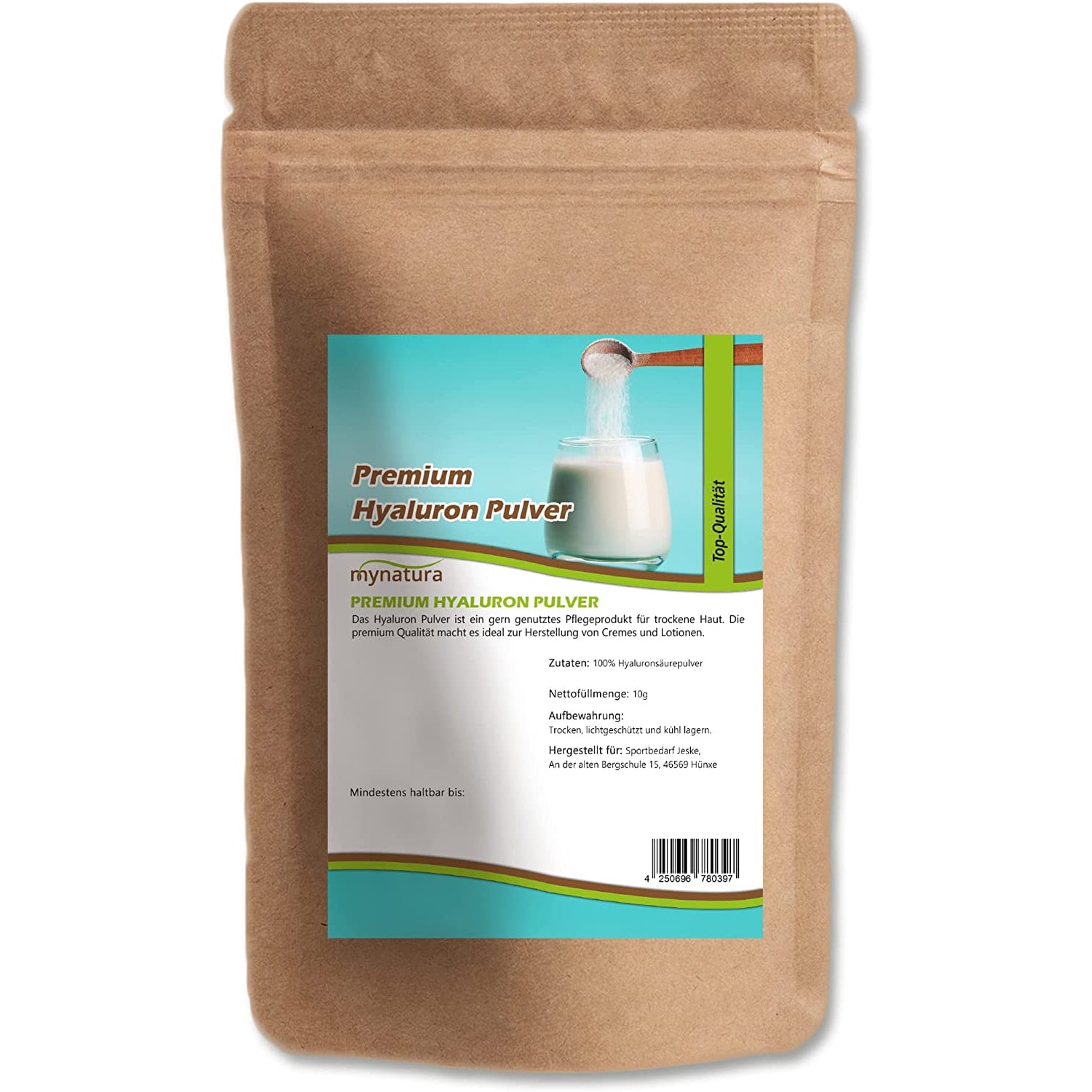 Nahaufnahme des Mynatura Hyaluronpulver Beutels mit detailliert lesbarem Etikett, geeignet für Hautpflege und Naturkosmetik.