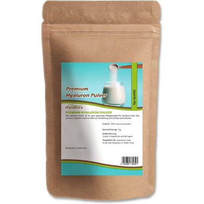 Nahaufnahme des Mynatura Hyaluronpulver Beutels mit detailliert lesbarem Etikett, geeignet für Hautpflege und Naturkosmetik.