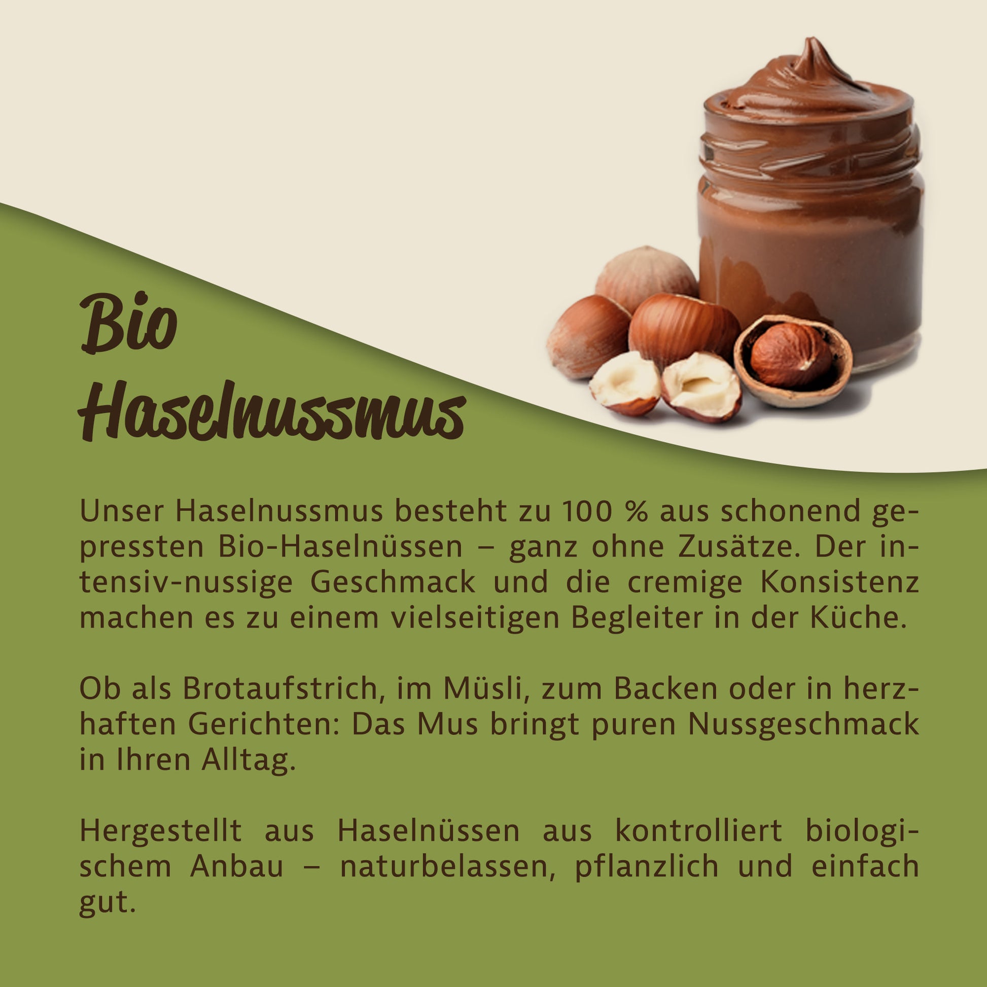Offenes Glas mit cremigem haselnussmus neben ganzen und halbierten Haselnüssen, geeignet als nussaufstrich oder fürs dessert.