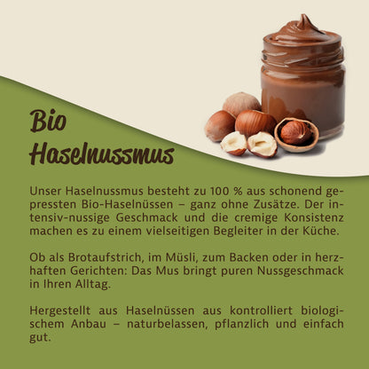 Offenes Glas mit cremigem haselnussmus neben ganzen und halbierten Haselnüssen, geeignet als nussaufstrich oder fürs dessert.