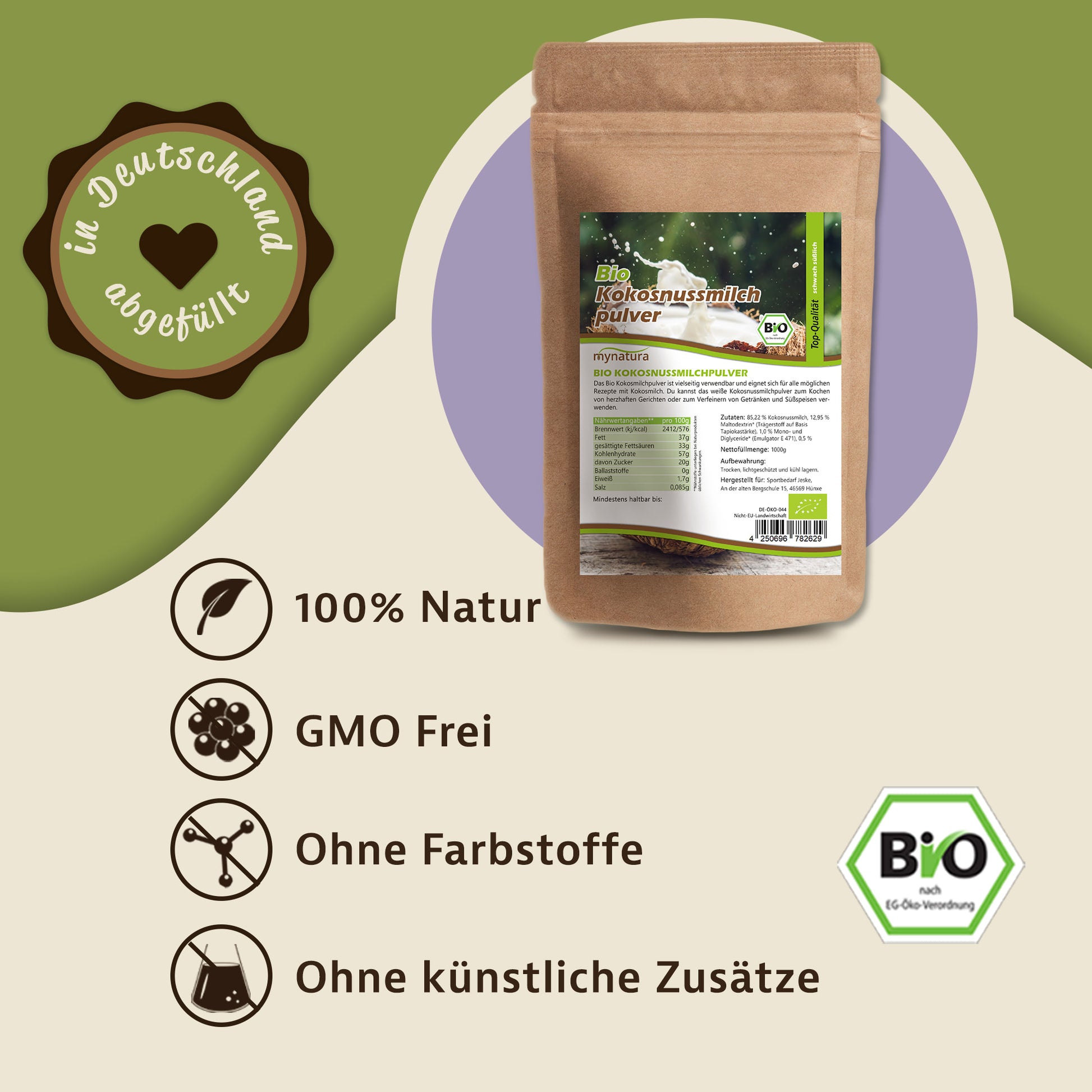 Beutel Bio Kokosmilchpulver von Mynatura mit Etikett, daneben Hinweise zu veganen Zutaten fürs Kochen und Müsli auf beigem Hintergrund.