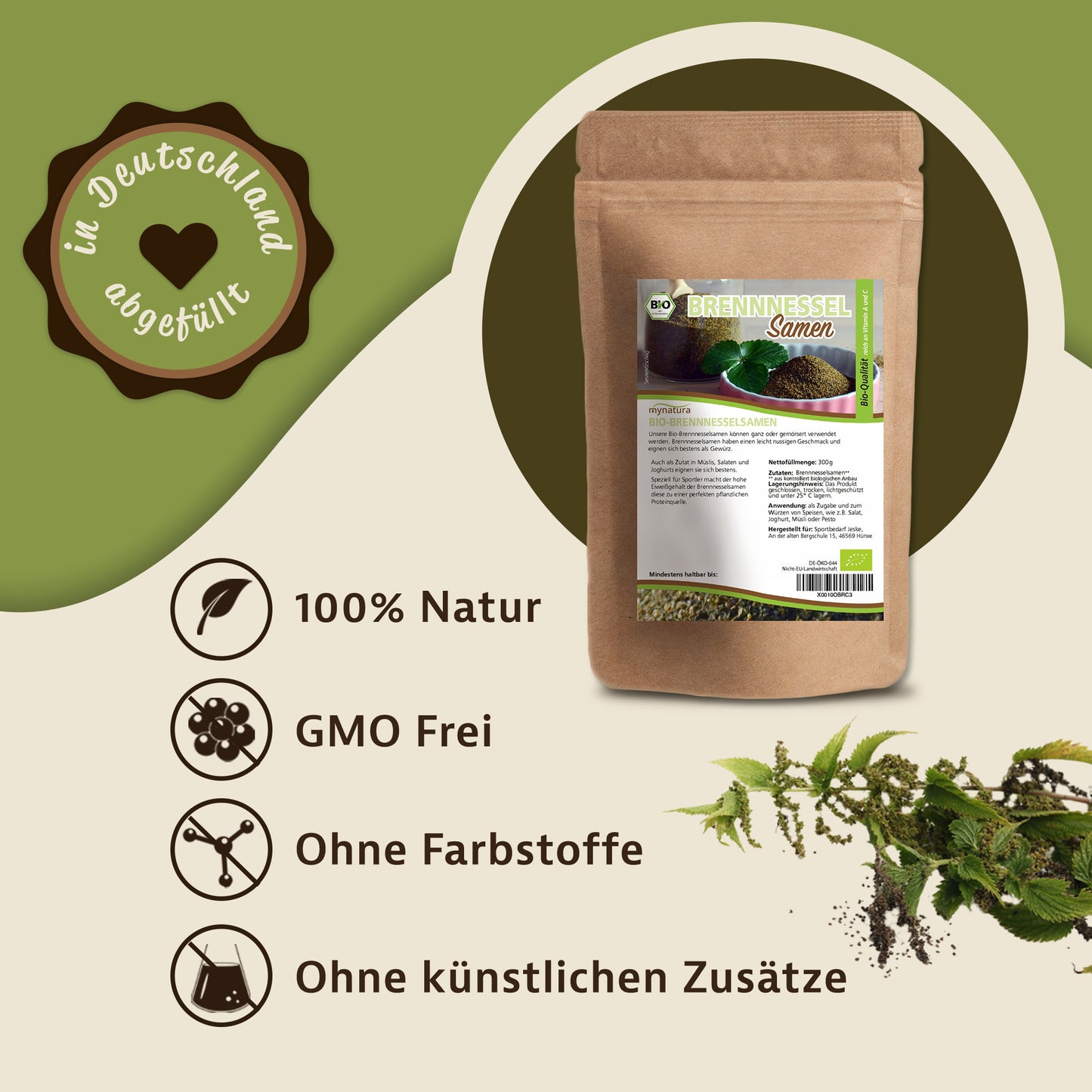 Beutel mynatura brennnesselsamen ganz 300g auf grünem Hintergrund, daneben Brennnesselpflanze und Symbole für natürliche und zusatzfreie samen.