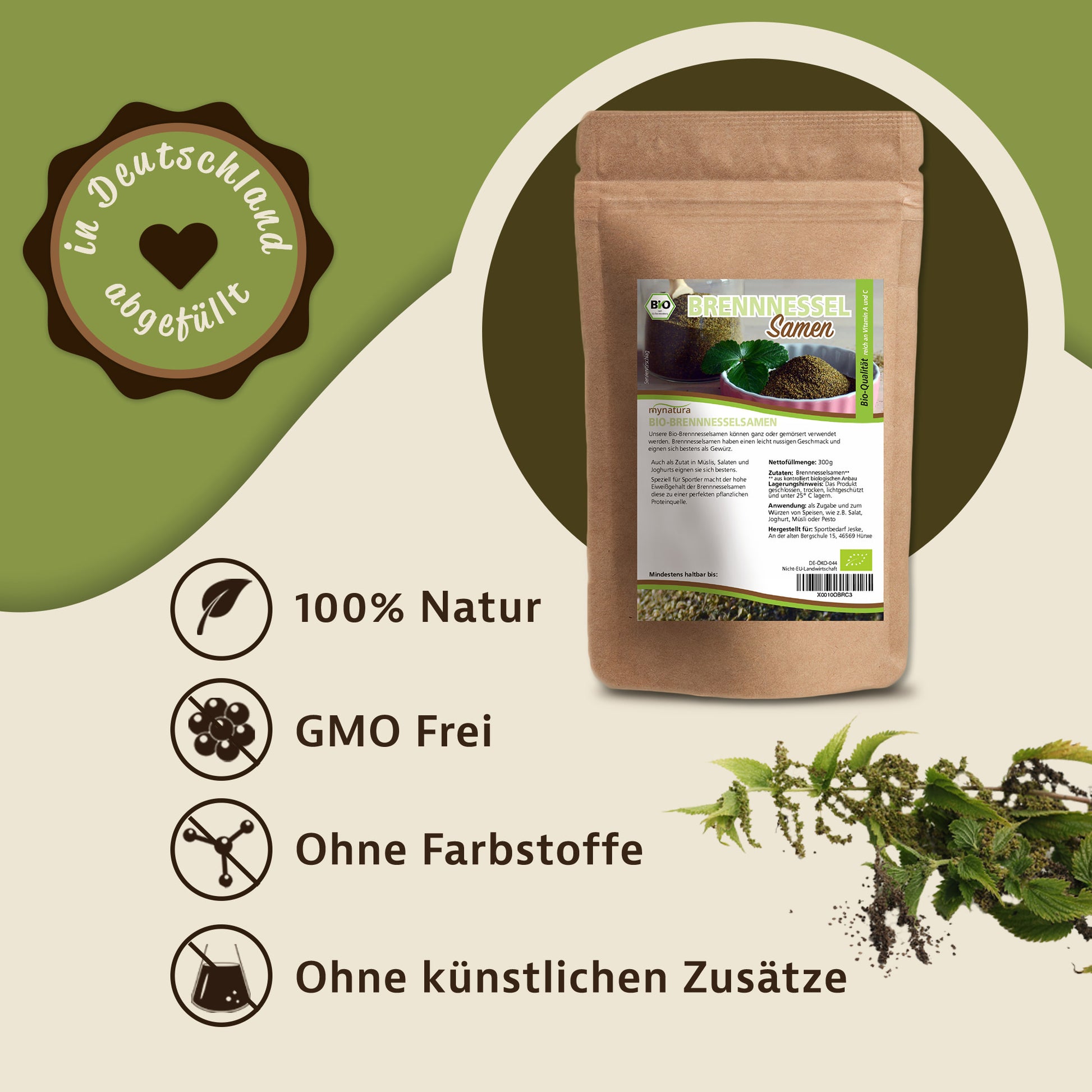 Beutel mynatura brennnesselsamen ganz 300g auf grünem Hintergrund, daneben Brennnesselpflanze und Symbole für natürliche und zusatzfreie samen.