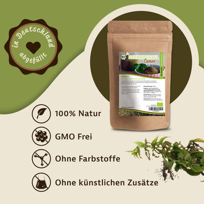Beutel mynatura brennnesselsamen ganz 300g auf grünem Hintergrund, daneben Brennnesselpflanze und Symbole für natürliche und zusatzfreie samen.