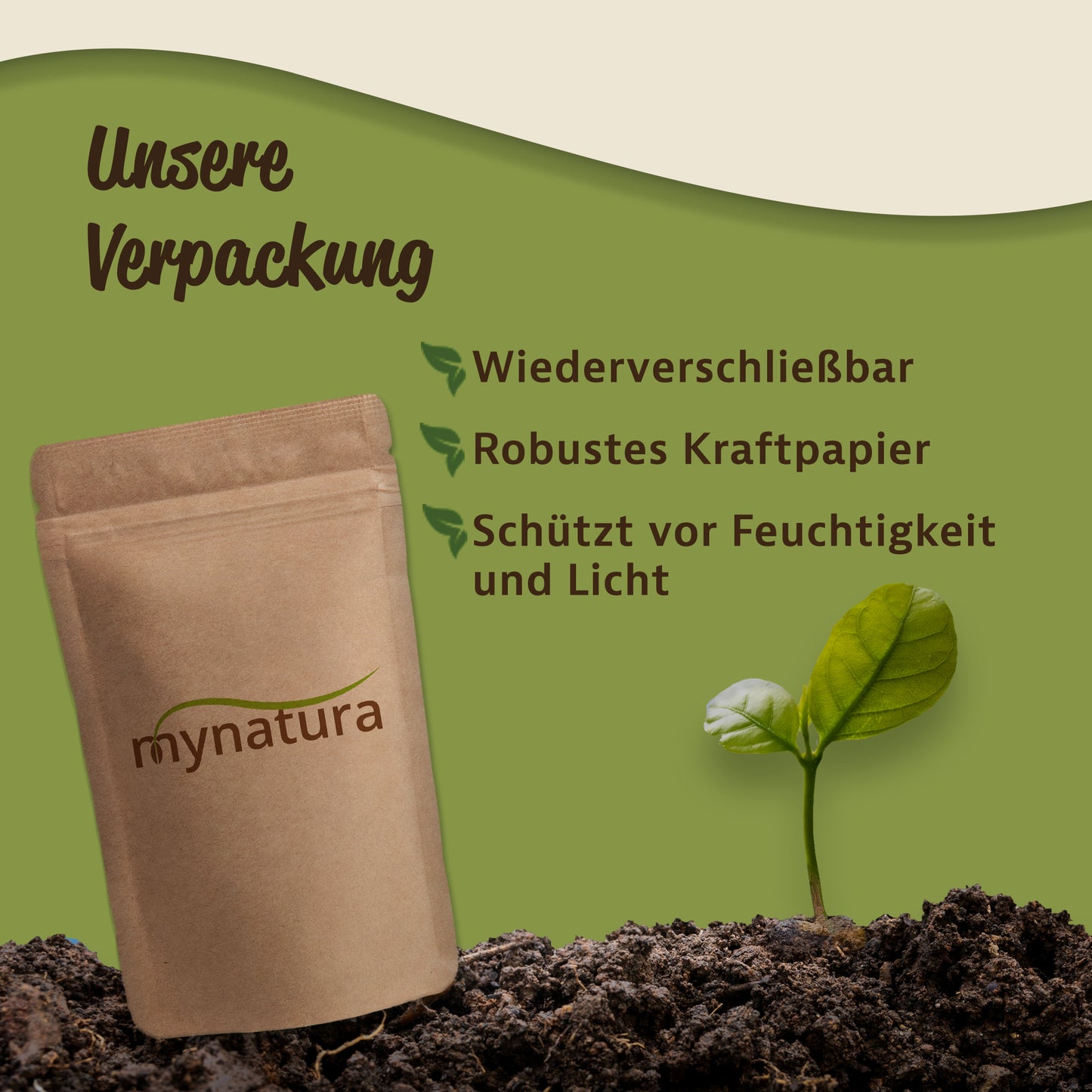 Wiederverschließbarer Kraftpapierbeutel mynatura brennnesselsamen steht auf Erde, daneben ein grüner Keimling und Hinweise zur Verpackung.