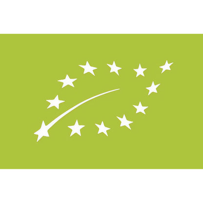 EU-Bio-Logo auf grünem Hintergrund als Kennzeichnung für zertifizierte superfood-produkte wie spirulina-chlorella-gerstengras-tabletten.