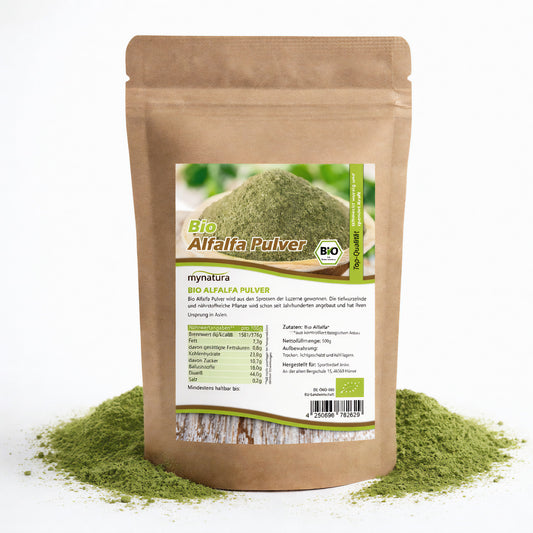 Beutel mit Mynatura Bio Alfalfa Pulver 500g, braune Verpackung mit Etikett, umgeben von grünem pulver auf weißem Untergrund.
