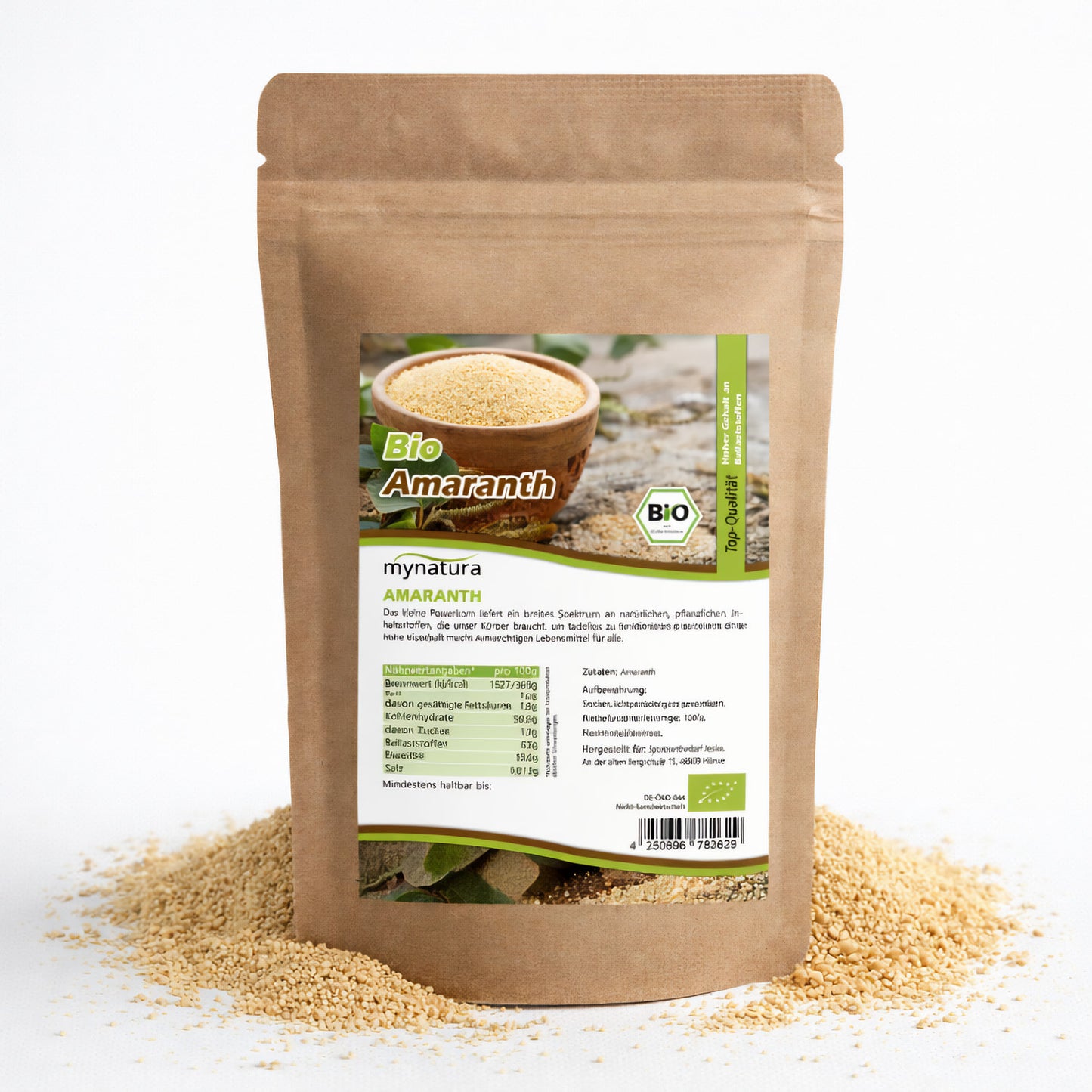 Beutel Bio Amaranth von Mynatura mit sichtbaren Amaranth-Körnern, stehend auf verstreuten Samen, Vorderseite mit Etikett und Nährwertangaben.