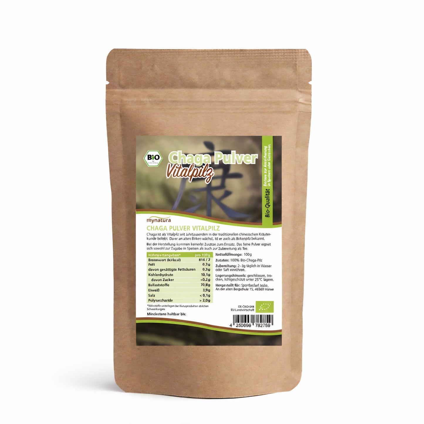 Beutel Bio Chaga Pulver mit Etikett auf weißem Hintergrund, Vorderseite gut lesbar, Produktbegriff Chagapulver und 100g sichtbar.