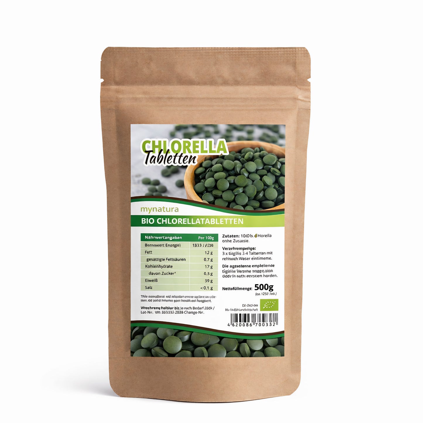 mynatura Beutel mit Bio Chlorella Tabletten 500g, Vorderseite mit Nährwertangaben und Sichtfenster, Tabletten im unteren Bereich sichtbar.