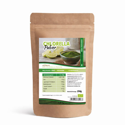 Mynatura Chlorellapulver 250g Beutel frontal vor weißem Hintergrund, Etikett mit Produktinformationen und Zutaten gut lesbar.