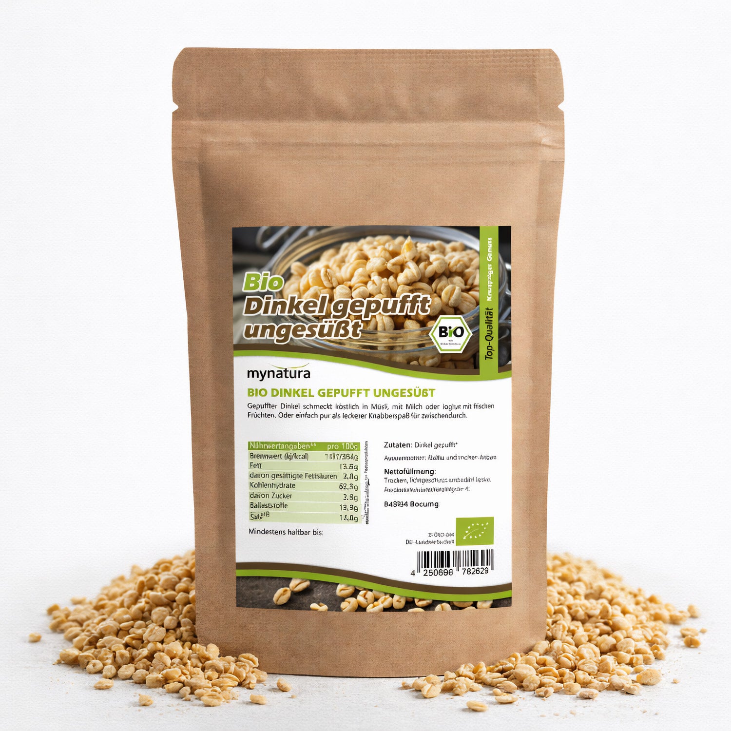 Beutel Bio Dinkel gepufft ungesüßt mit sichtbaren gepufften Dinkelkörnern, einige Körner als knusprige Snack-Idee rund um die Verpackung verstreut.