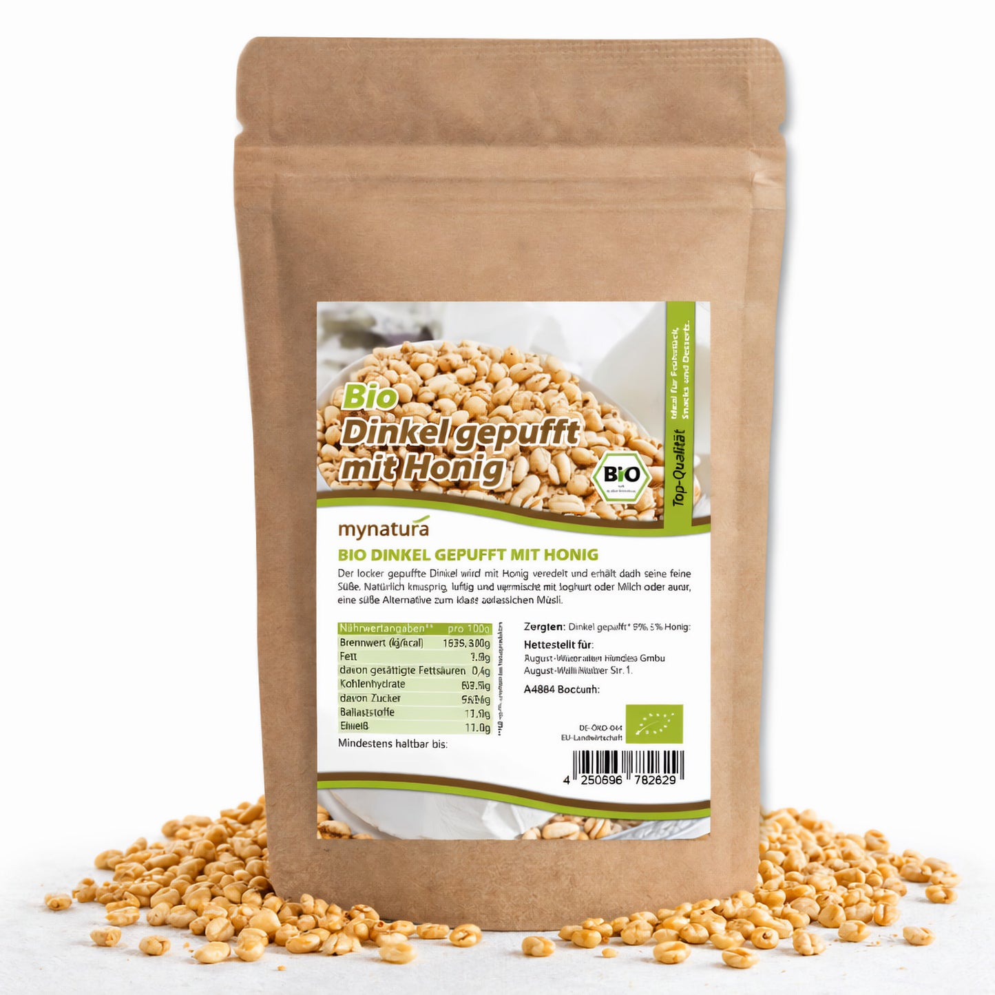 Beutel Bio Dinkel gepufft mit Honig, 400g, aufrecht stehend, mit sichtbarem Etikett und verstreuten gepufften Dinkelkörnern davor.
