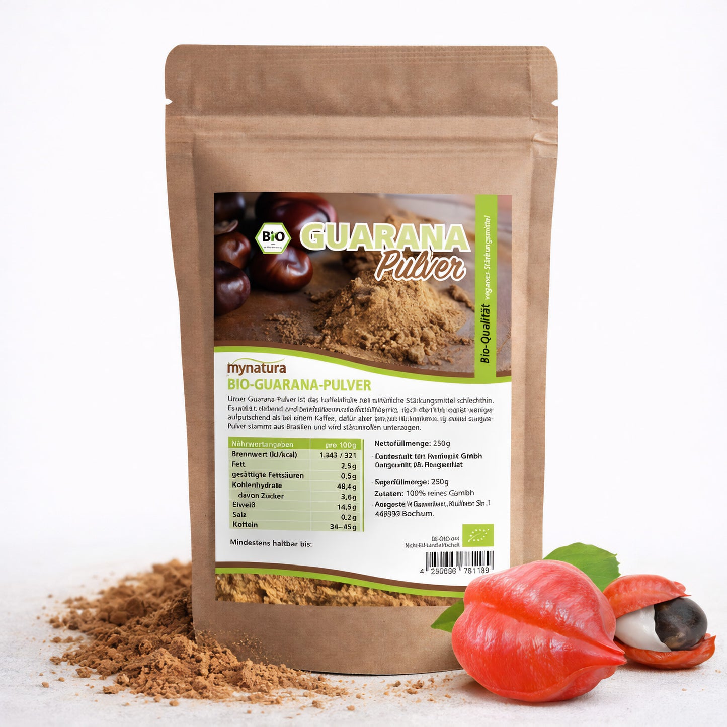 Beutel mit Bio Guarana Pulver 250g von mynatura, daneben losem Pulver und frischen Guaranasamen auf weißem Hintergrund.