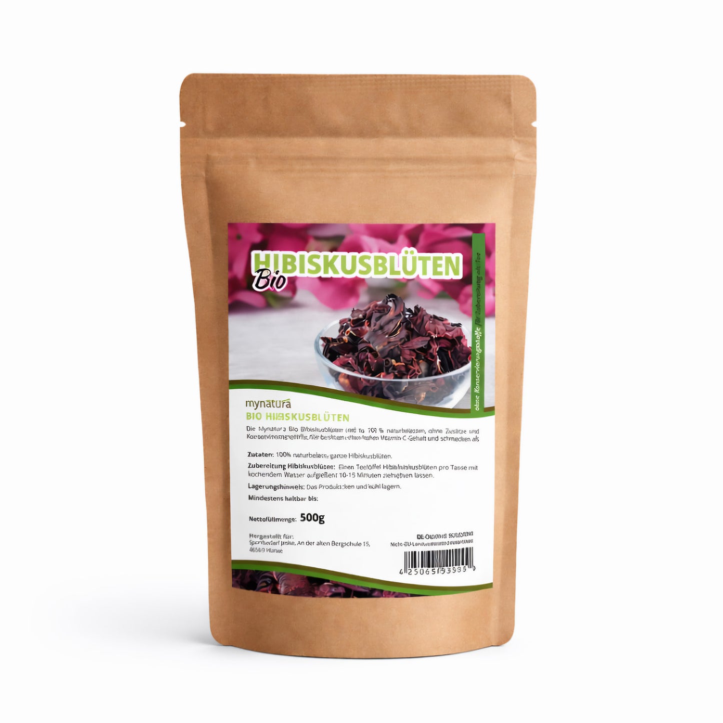 Beutel Mynatura hibiskusblüten getrocknet, ganz 500g freigestellt vor weißem Hintergrund, Etikett mit Produktinformationen sichtbar.