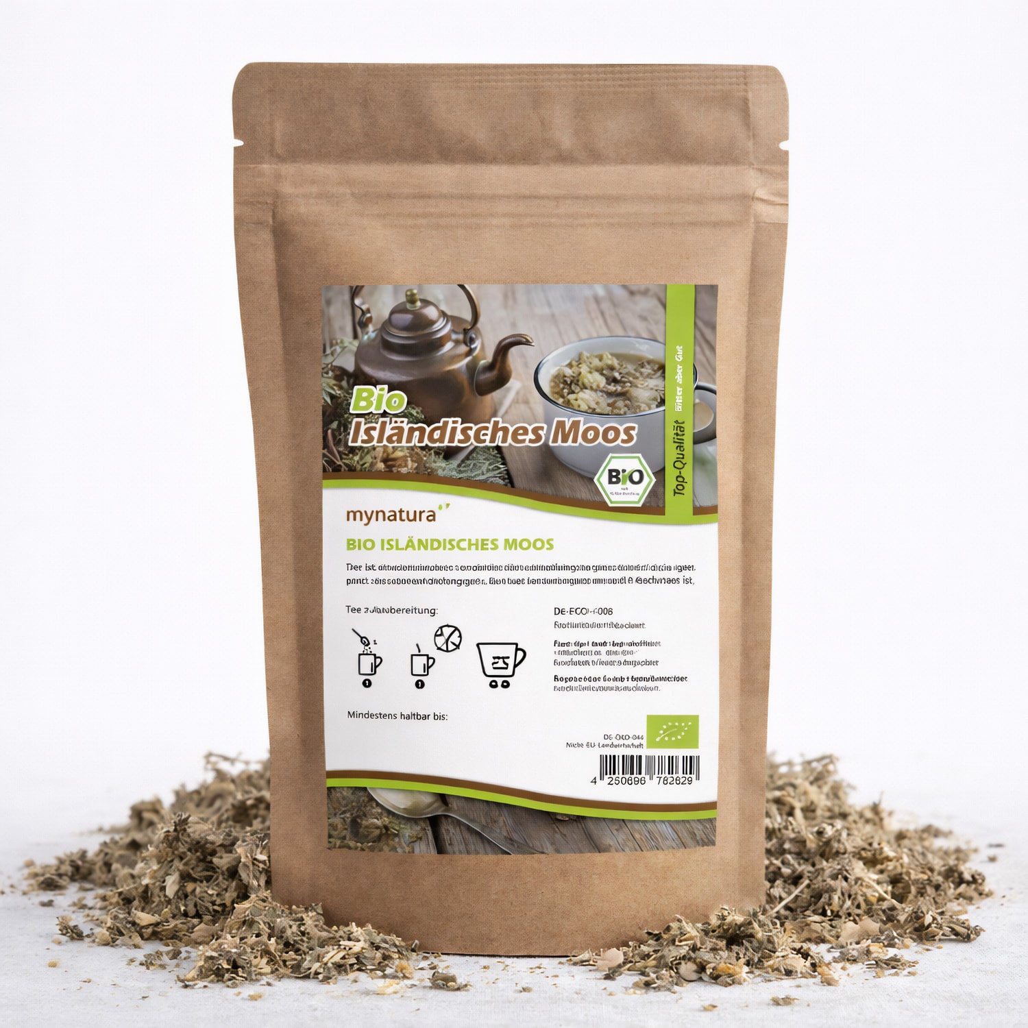 Beutel Mynatura Bio Isländisches Moos getrocknet, 100g, auf weißem Hintergrund, umgeben von losem getrocknetem Moos.