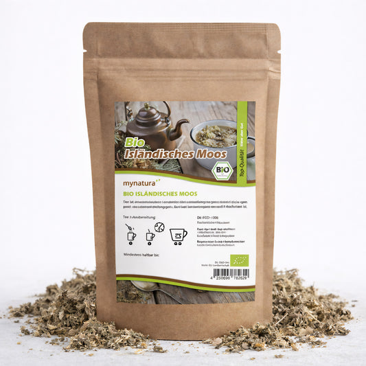 Beutel Mynatura Bio Isländisches Moos getrocknet, 100g, auf weißem Hintergrund, umgeben von losem getrocknetem Moos.