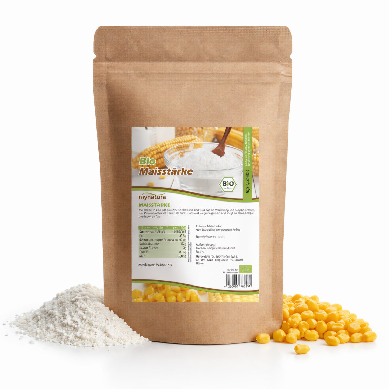 Beutel Mynatura Bio Maisstärke 500g mit Maisstärke-Pulver und Maiskörnern auf weißem Hintergrund, geeignet zum Backen und Kochen.