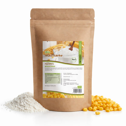 Beutel Mynatura Bio Maisstärke 500g mit Maisstärke-Pulver und Maiskörnern auf weißem Hintergrund, geeignet zum Backen und Kochen.