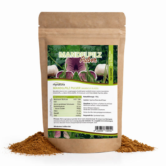 Beutel Mynatura Mandelpilzpulver 100g mit grünem Etikett und braunem Pulver davor auf weißem Hintergrund