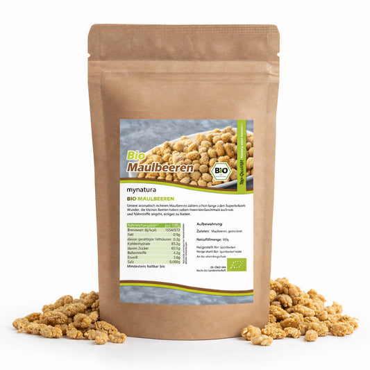 Beutel mit Mynatura Bio Maulbeeren 500g, braune Verpackung mit Sichtfenster und Maulbeeren als Früchte rund um den Beutel, geeignet für Snacks oder Frühstück.