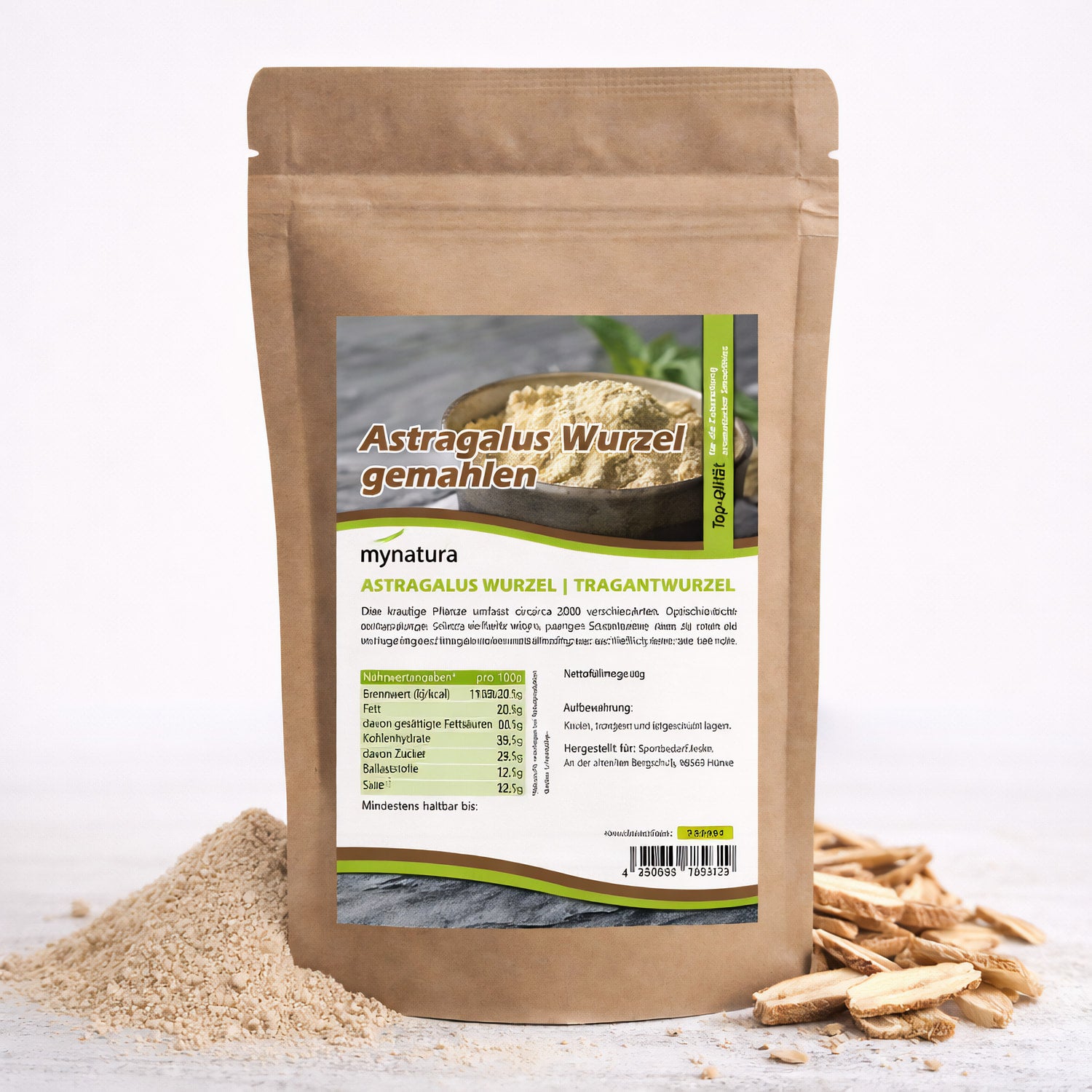 Beutel Mynatura Astragaluswurzel Pulver 100g mit Sichtfenster auf Etikett, daneben lose Portion Pulver und geschnittene Wurzelstücke auf weißem Untergrund.