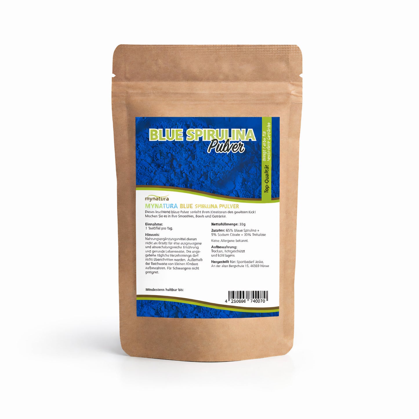 Beutel mit blauem Spirulina Pulver von Mynatura, freigestellt auf weißem Hintergrund, Etikett mit Produktinformationen sichtbar.