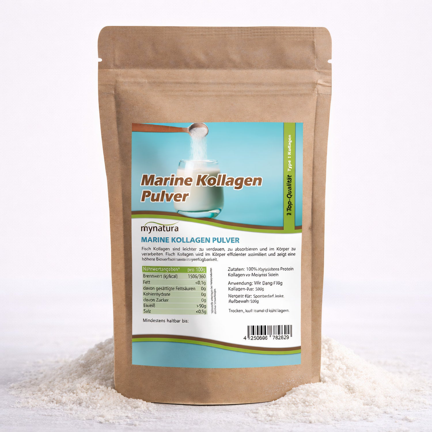 Beutel mit Mynatura Fischkollagen Pulver, 500g, auf weißem Untergrund, Pulver ist um die Verpackung verteilt.