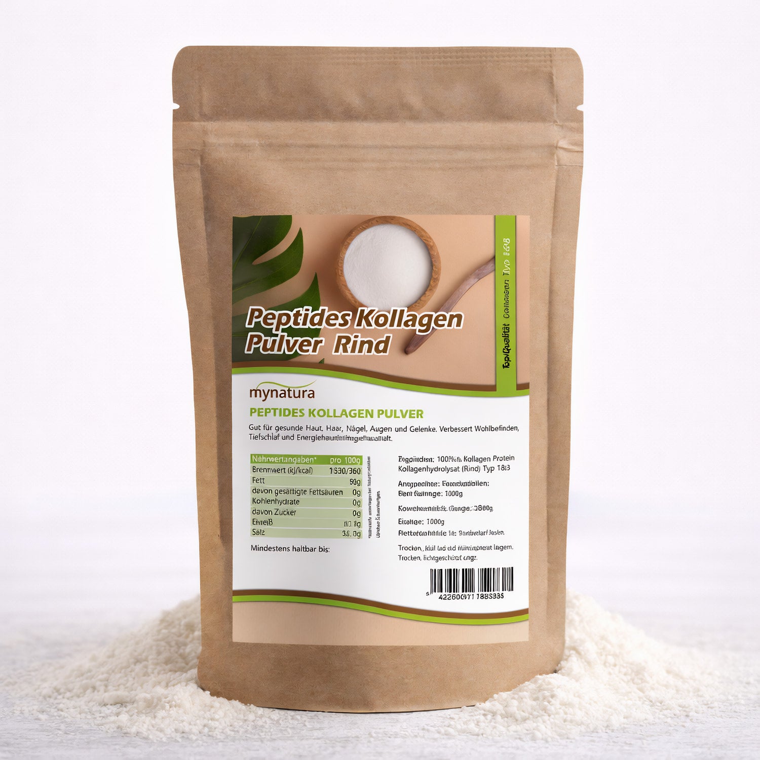 Beutel mit rinderkollagen pulver von Mynatura auf weißem Untergrund, Pulver ist um die Verpackung verteilt, Etikett mit Produktinformationen sichtbar.