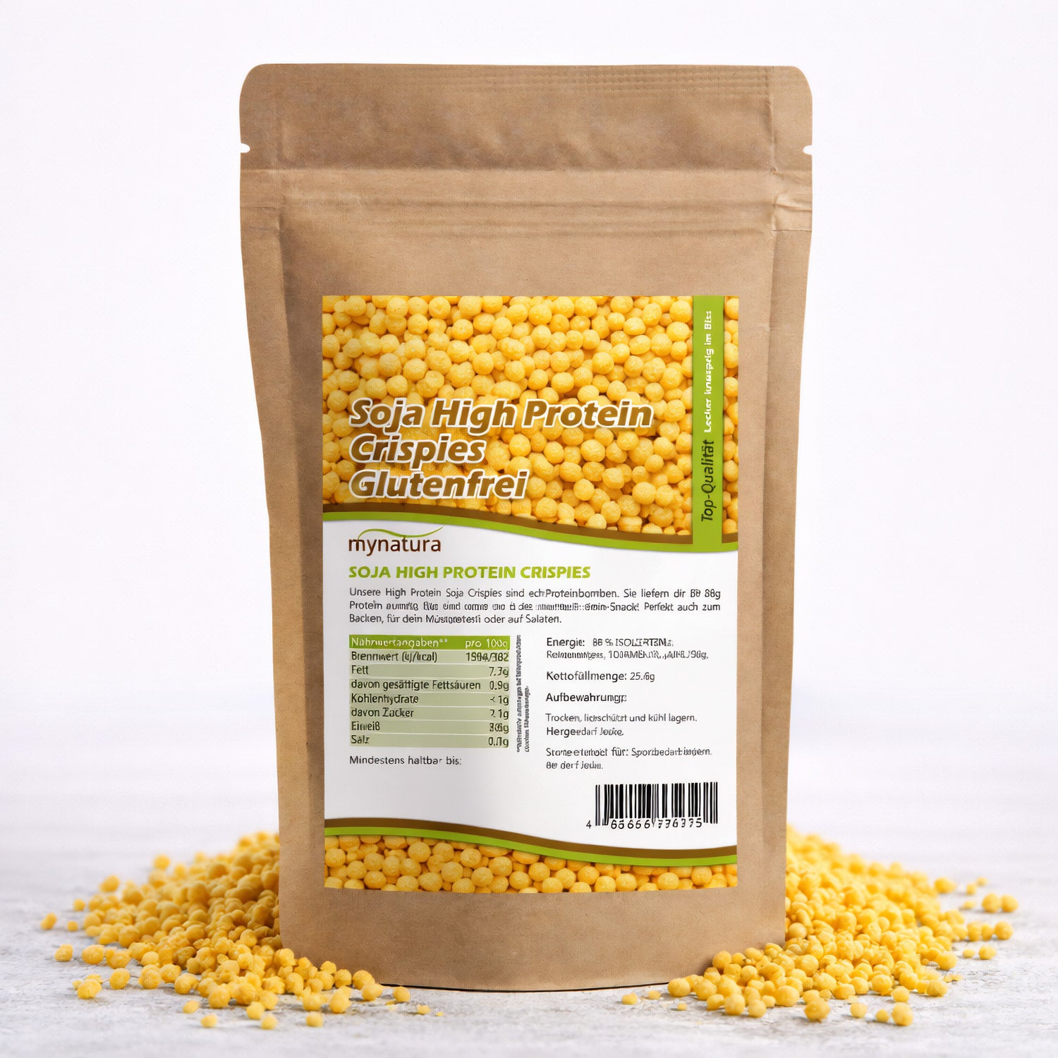 Beutel Soja Protein Crispies von mynatura auf weißem Untergrund, umgeben von gelben knusprigen Crispies, Rückseite mit Nährwerttabelle und Zutaten.