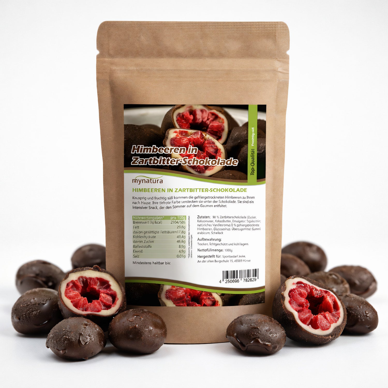 Gefriergetrocknete Himbeeren in Zartbitterschokolade – im Beutel ab 1kg