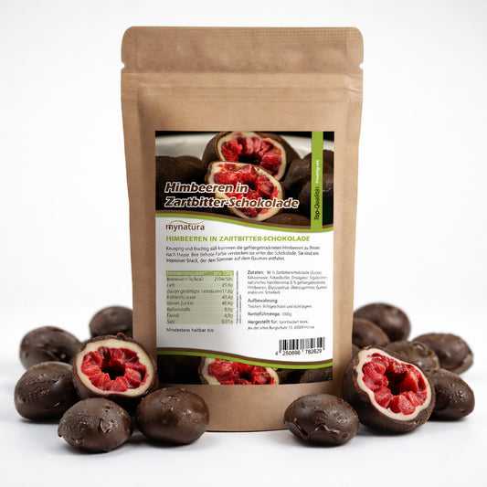 Gefriergetrocknete Himbeeren in Zartbitterschokolade – im Beutel ab 1kg