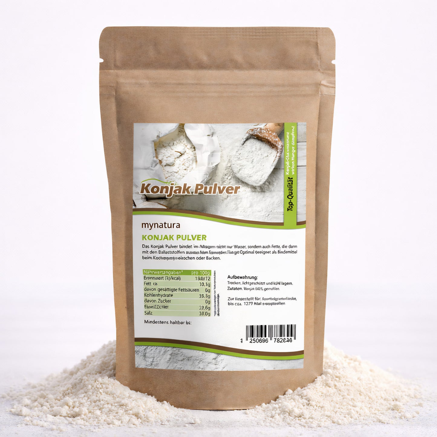 Beutel mit Konjak Pulver von Mynatura, 250g, stehend auf einem Haufen ballaststoffreicher, kalorienarmer Pflanzenmehle, Vorderseite mit Etikett sichtbar.