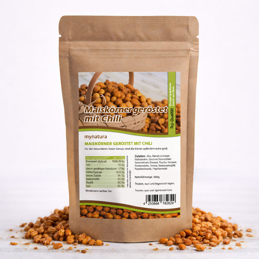 Beutel mit gerösteten Maiskörnern mit Chili von Mynatura, umgeben von verstreuten knusprigen Snacks auf weißem Untergrund.